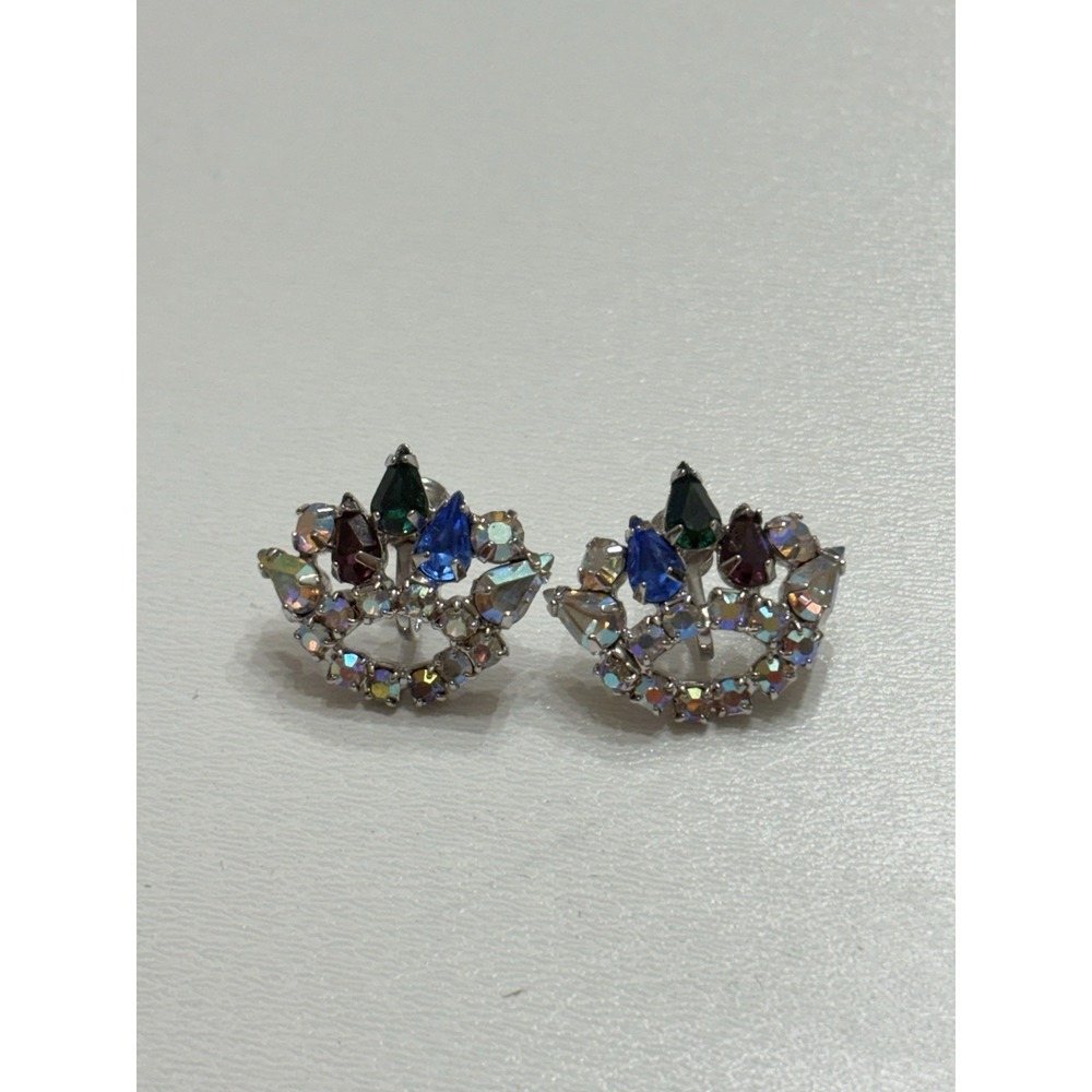 Aurora Borealis Crown‎ Vintage Earrings Gold Tone Unsigned Screw Back
